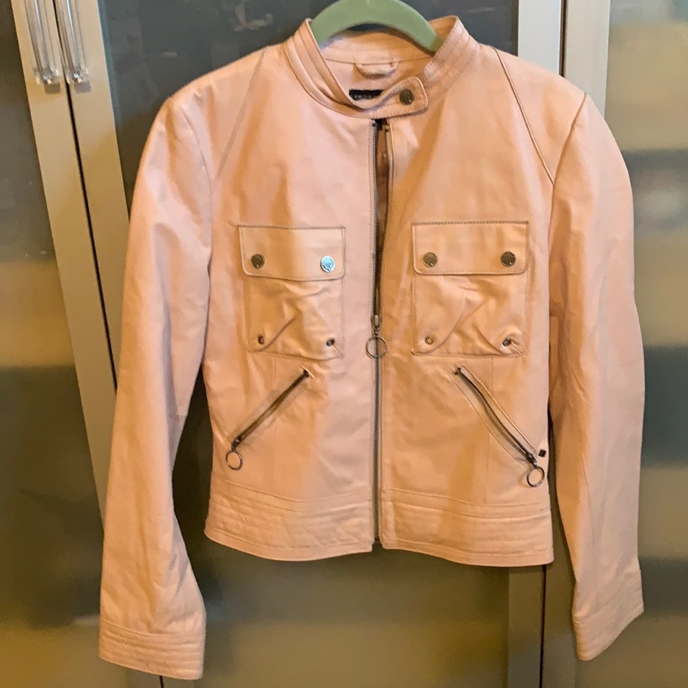 size small heavy leather pink lined jacket